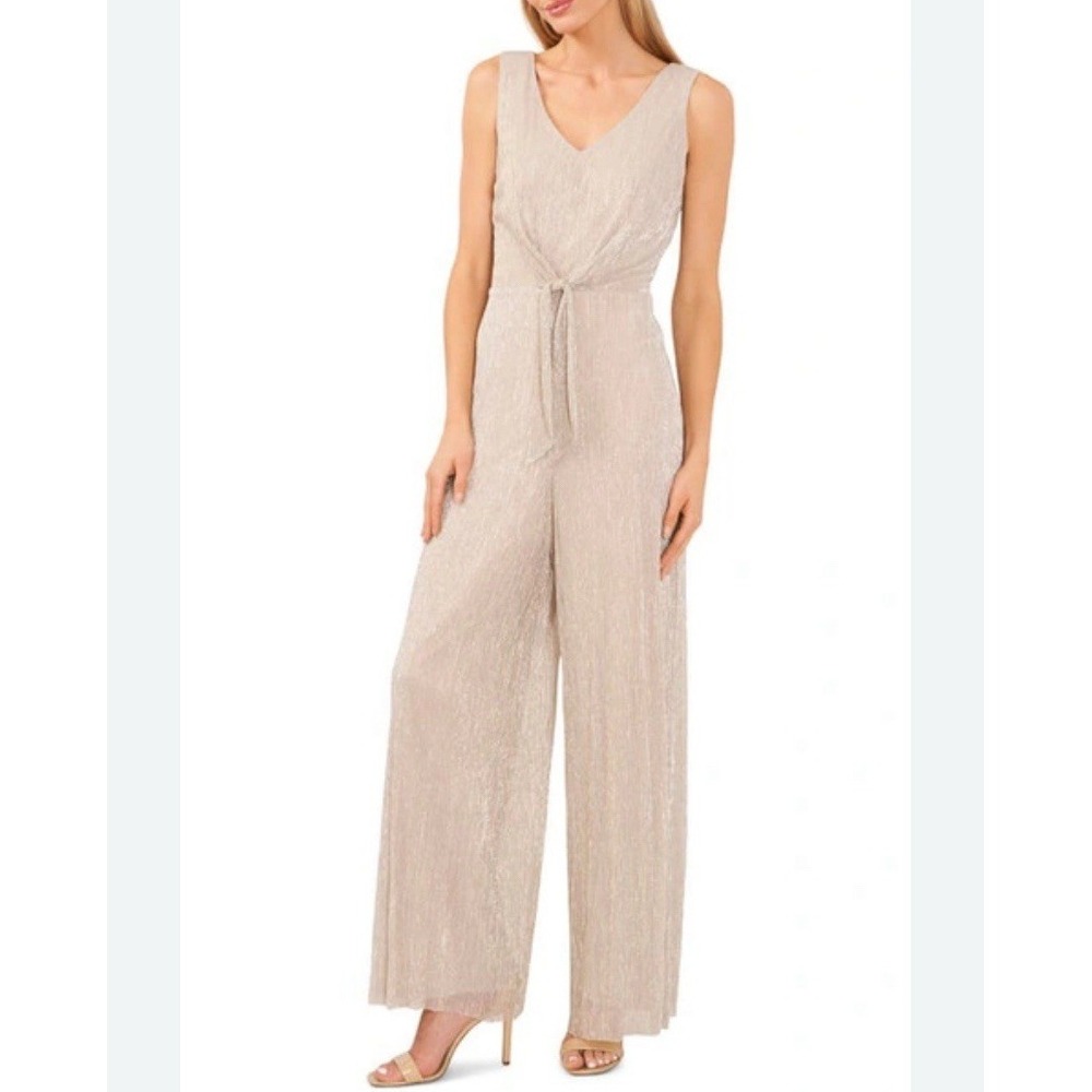 Cece Tie-front Wide-leg Metallic Sleeveless Jumpsuit in Champagne Size Medium